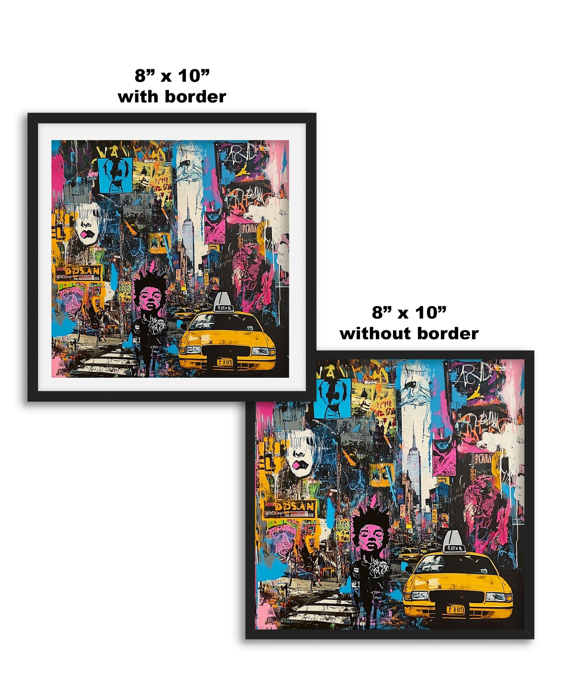 Art print featuring Manhattan yellow taxis in a graffiti-inspired abstract cityscape. Showcases iconic NYC cabs against a gritty urban New York backdrop, perfect for modern wall decor.