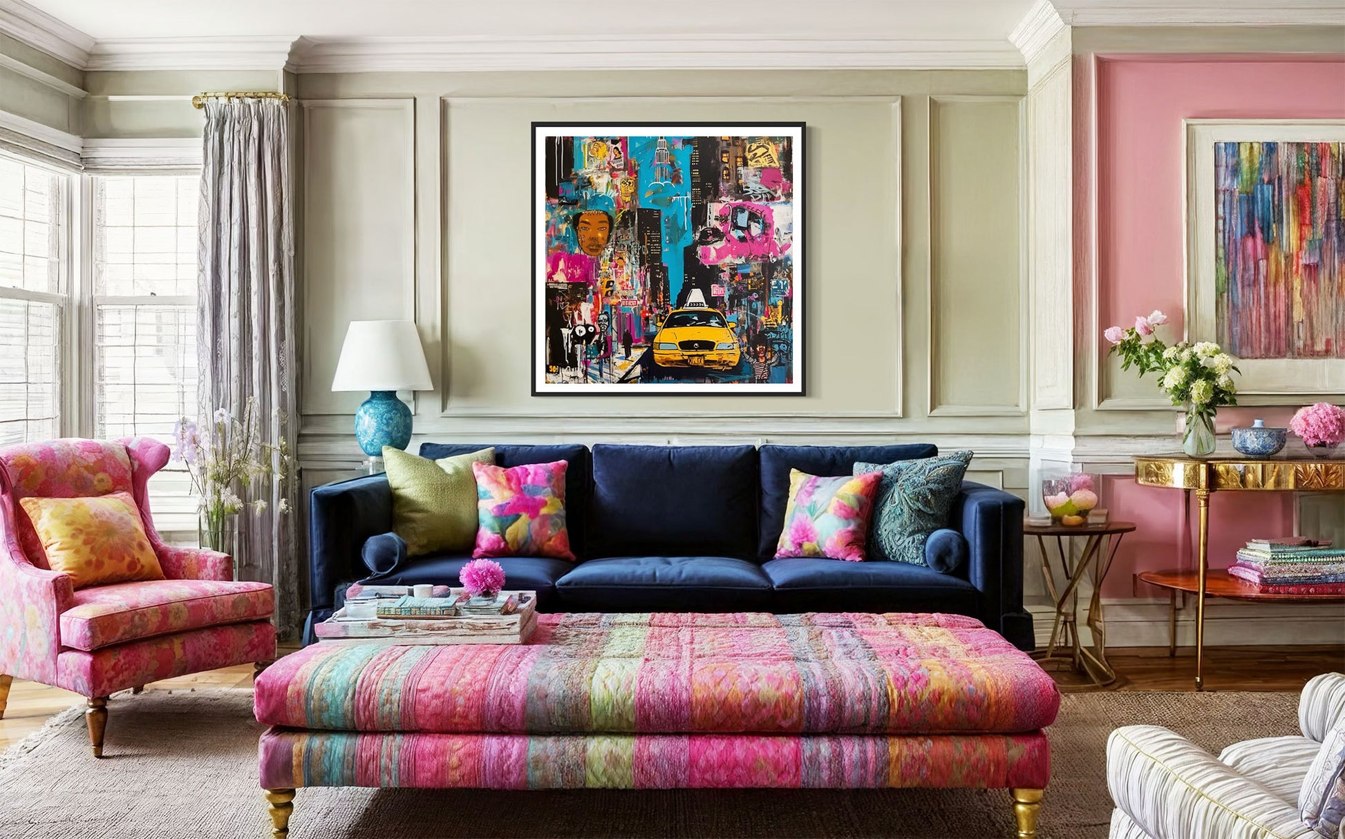 New York City Yellow Taxis Art Print Manhattan Cityscape Wall Art Print Graffiti NYC Decor Gritty Urban Art