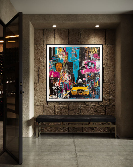 New York City Yellow Taxis Art Print Manhattan Cityscape Wall Art Print Graffiti NYC Decor Gritty Urban Art