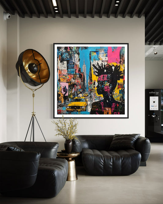 Wall art print featuring New York City yellow taxis in a graffiti-inspired abstract style. Captures the energy of Manhattan with bold colors and urban textures, perfect for modern home decor.