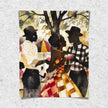 Black Couple Love Art Print featuring an African American couple sharing a tender moment at a picnic in the park. Afrocentric digital artwork with vibrant colors and abstract textures capturing love, connection, and cultural pride.