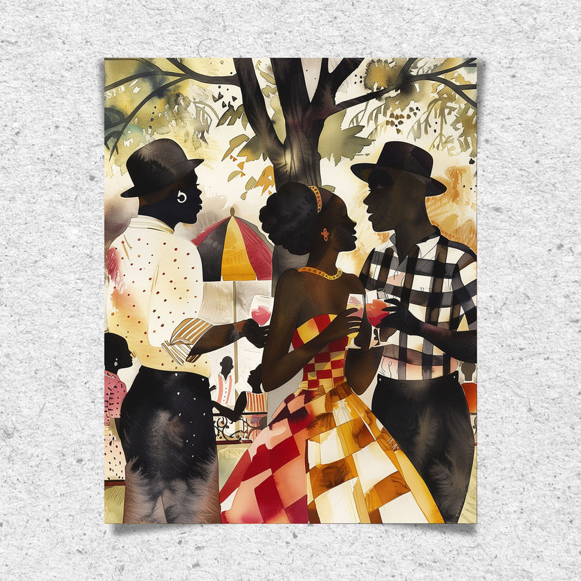 Black Couple Love Art Print featuring an African American couple sharing a tender moment at a picnic in the park. Afrocentric digital artwork with vibrant colors and abstract textures capturing love, connection, and cultural pride.