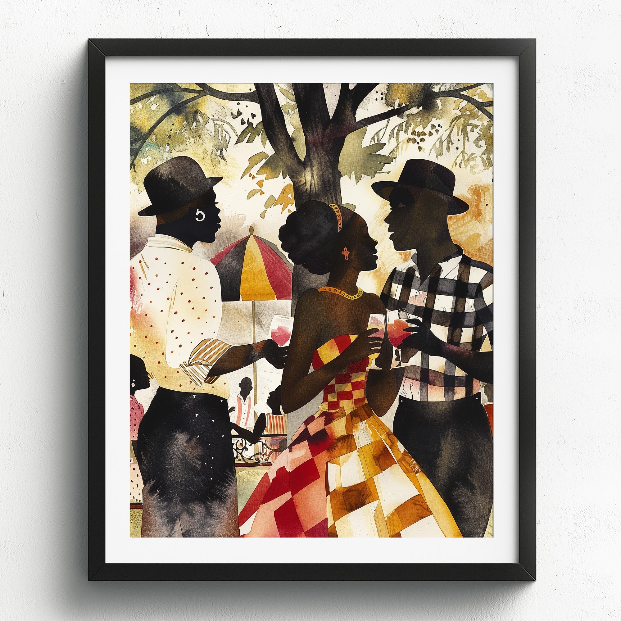 Black Couple Love Art Print featuring an African American couple sharing a tender moment at a picnic in the park. Afrocentric digital artwork with vibrant colors and abstract textures capturing love, connection, and cultural pride.