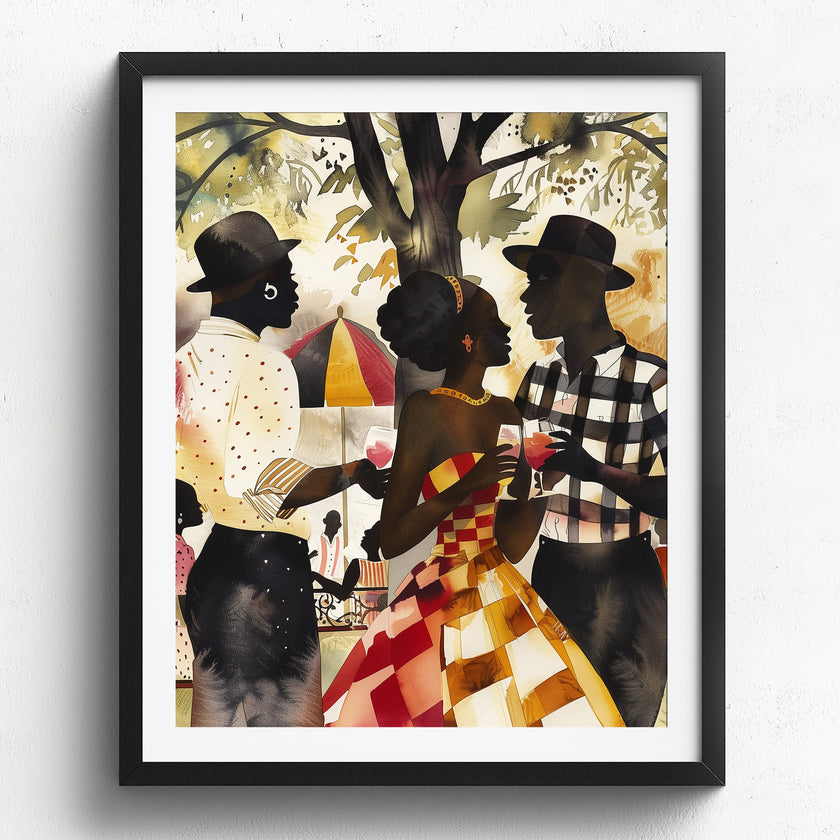 Black Couple Love Art Print featuring an African American couple sharing a tender moment at a picnic in the park. Afrocentric digital artwork with vibrant colors and abstract textures capturing love, connection, and cultural pride.
