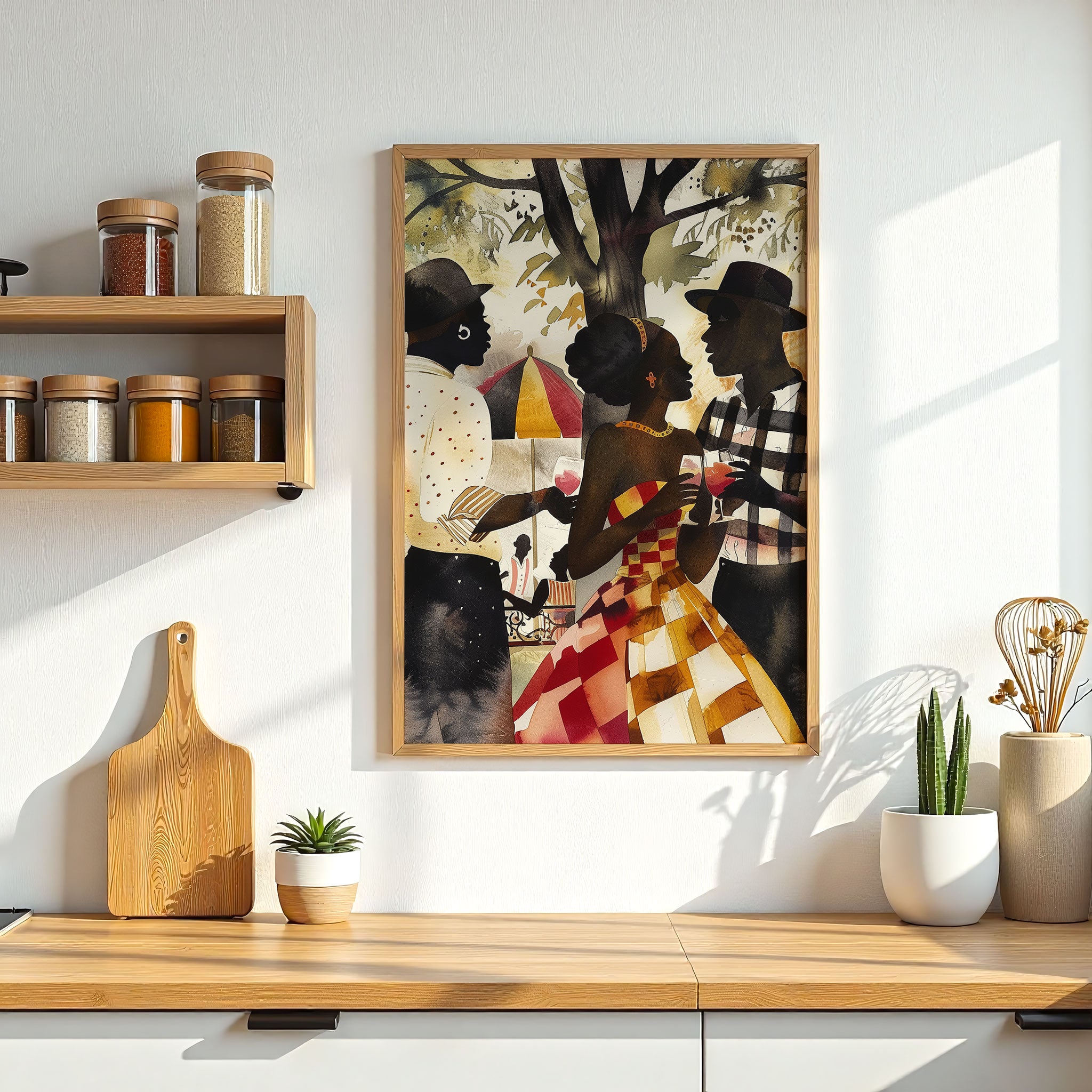 Black Couple Love Art Print featuring an African American couple sharing a tender moment at a picnic in the park. Afrocentric digital artwork with vibrant colors and abstract textures capturing love, connection, and cultural pride.