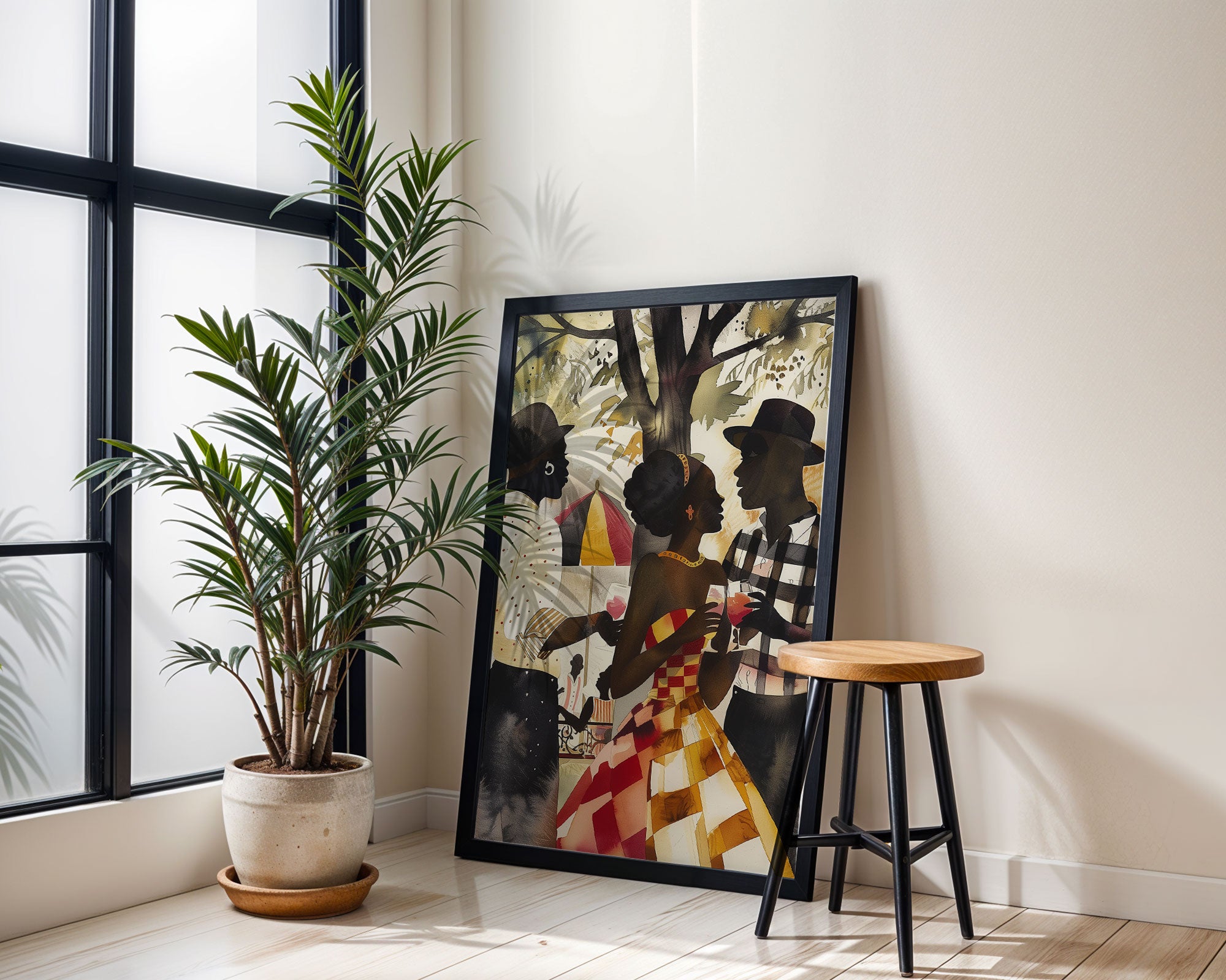 Black Couple Love Art Print featuring an African American couple sharing a tender moment at a picnic in the park. Afrocentric digital artwork with vibrant colors and abstract textures capturing love, connection, and cultural pride.