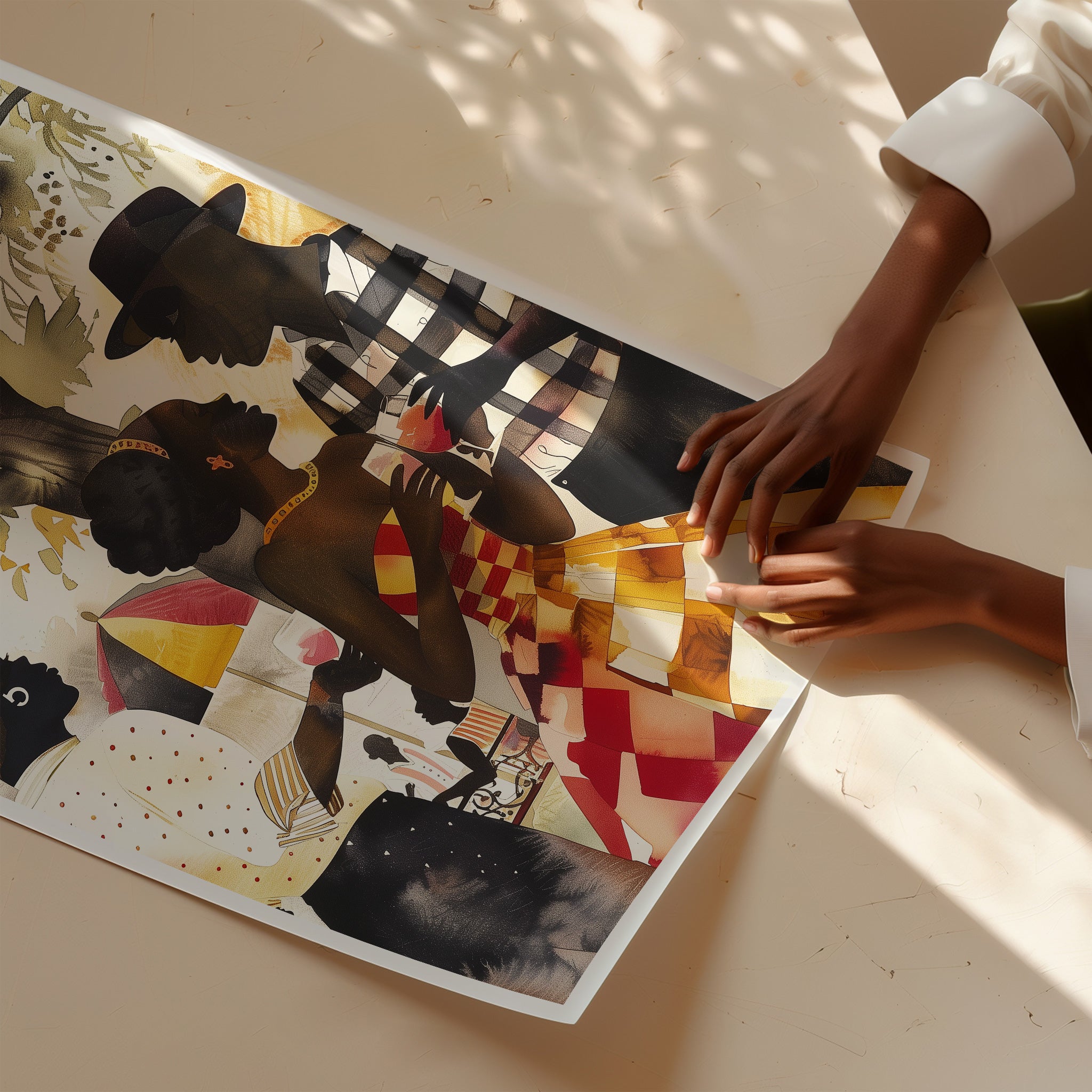 Black Couple Love Art Print featuring an African American couple sharing a tender moment at a picnic in the park. Afrocentric digital artwork with vibrant colors and abstract textures capturing love, connection, and cultural pride.