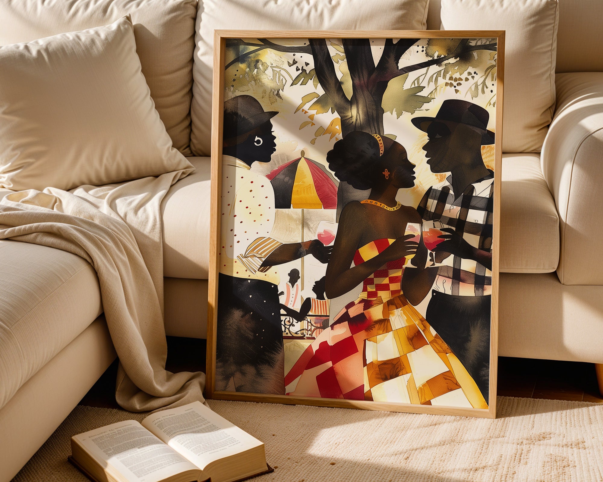 Black Couple Love Art Print featuring an African American couple sharing a tender moment at a picnic in the park. Afrocentric digital artwork with vibrant colors and abstract textures capturing love, connection, and cultural pride.