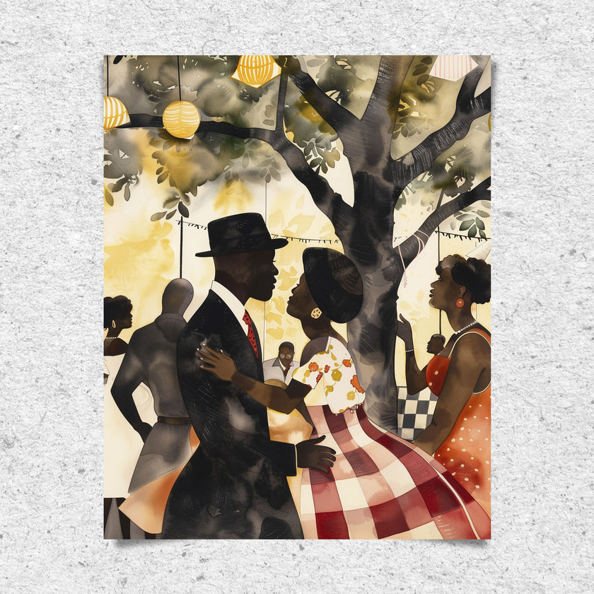 This artwork beautifully captures the joy of togetherness, depicting a picnic celebration with a Black couple filled with love, laughter, and connection.  