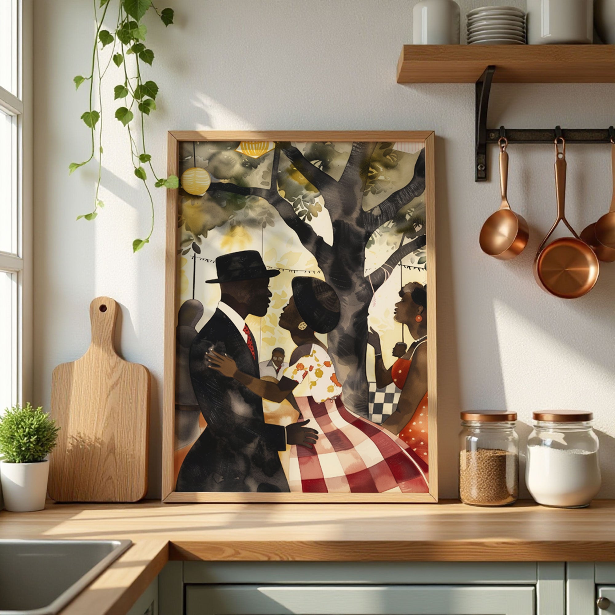 This artwork beautifully captures the joy of togetherness, depicting a picnic celebration with a Black couple filled with love, laughter, and connection.  
