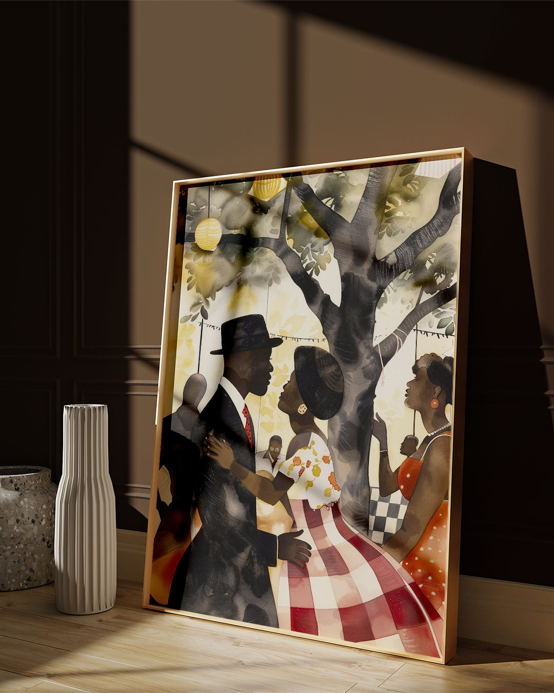 This artwork beautifully captures the joy of togetherness, depicting a picnic celebration with a Black couple filled with love, laughter, and connection.  