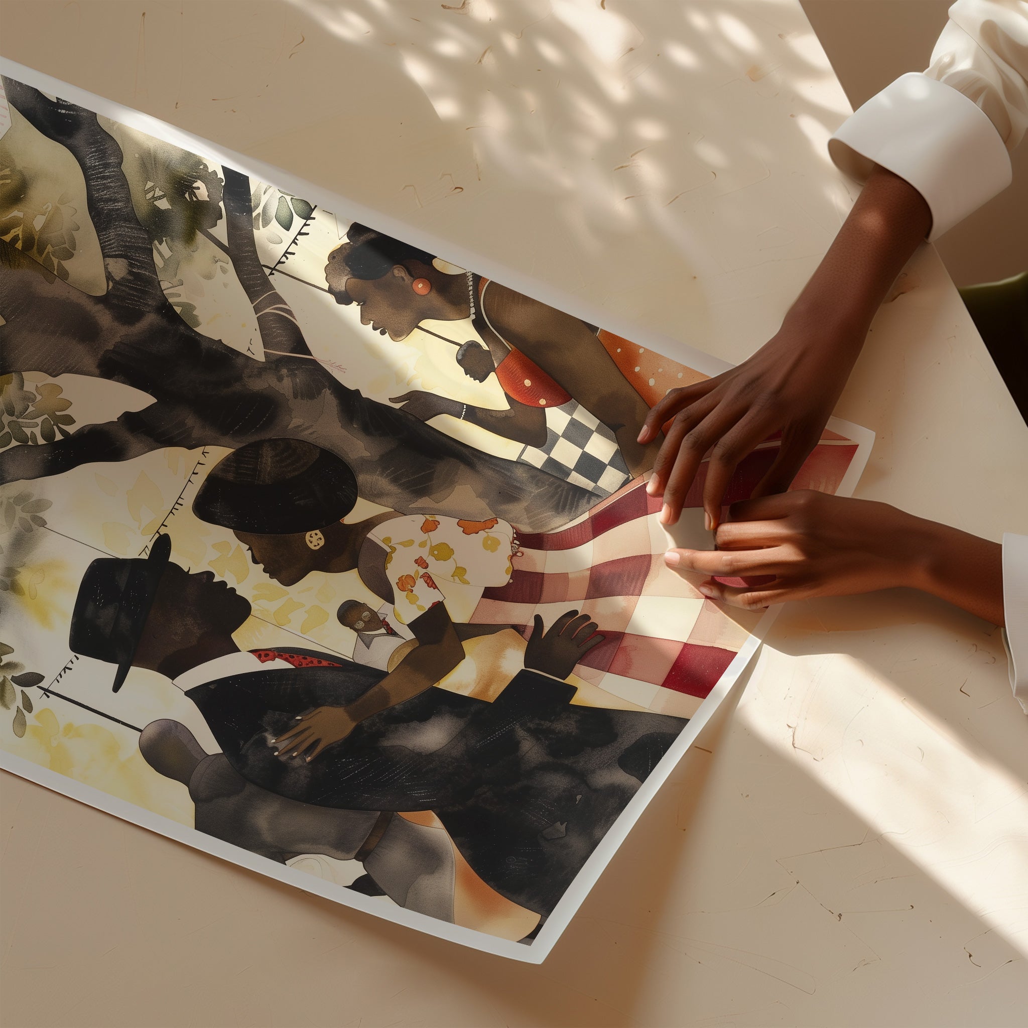 This artwork beautifully captures the joy of togetherness, depicting a picnic celebration with a Black couple filled with love, laughter, and connection.  