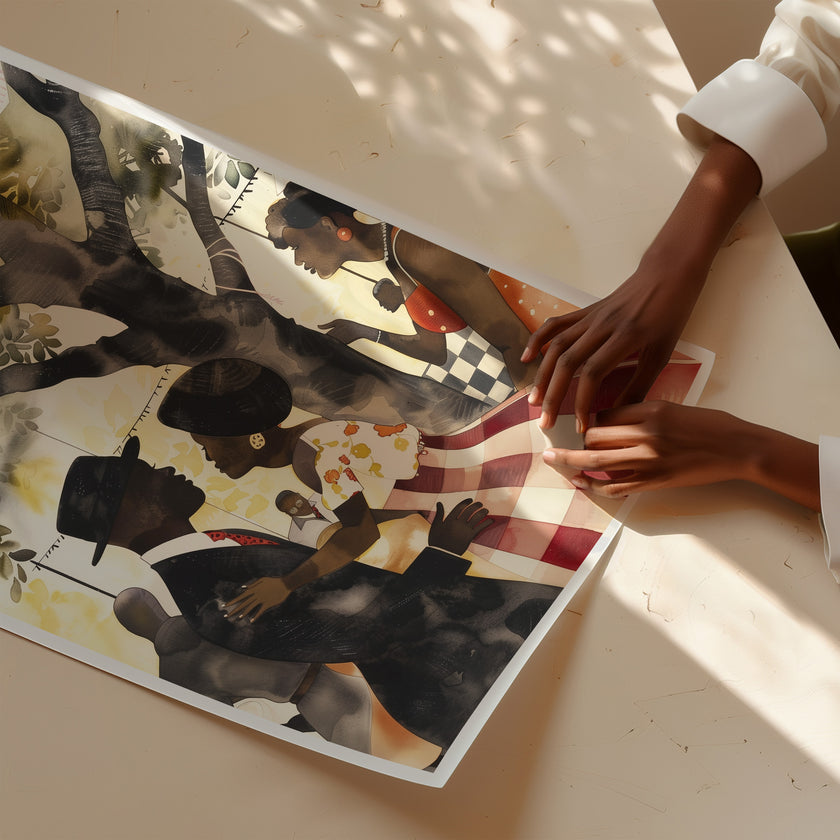 This artwork beautifully captures the joy of togetherness, depicting a picnic celebration with a Black couple filled with love, laughter, and connection.  