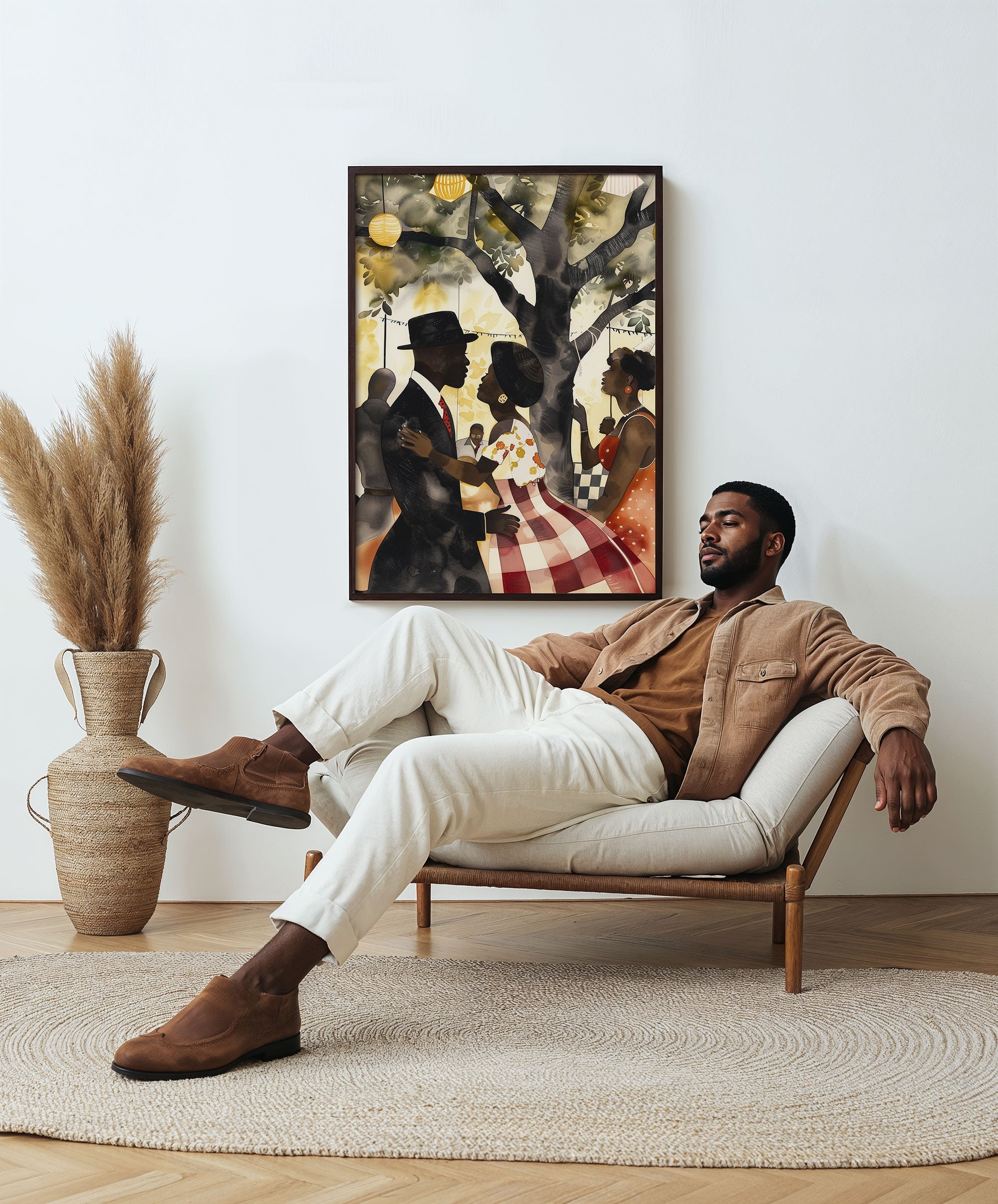 This artwork beautifully captures the joy of togetherness, depicting a picnic celebration with a Black couple filled with love, laughter, and connection.  