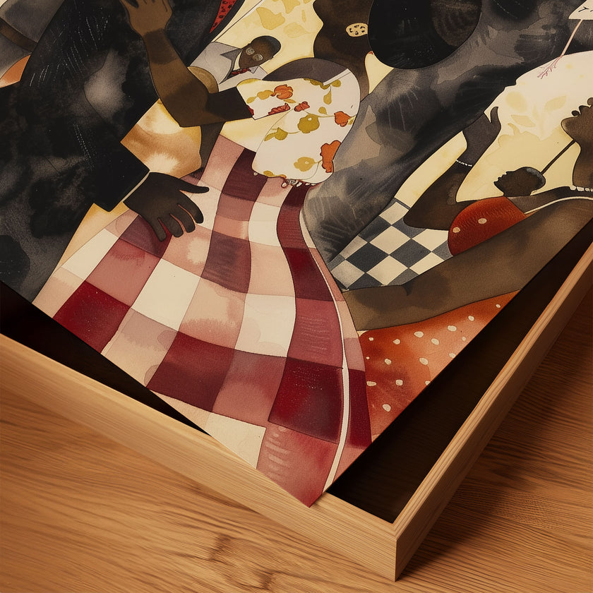 This artwork beautifully captures the joy of togetherness, depicting a picnic celebration with a Black couple filled with love, laughter, and connection.  