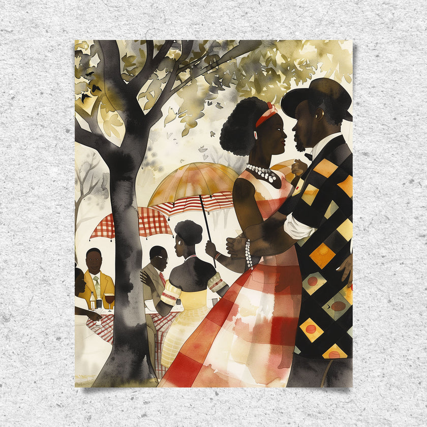 Bring warmth, romance, and cultural beauty into your space with this Afro Watercolor Art Print, featuring a loving Black couple enjoying a romantic moment in the park.