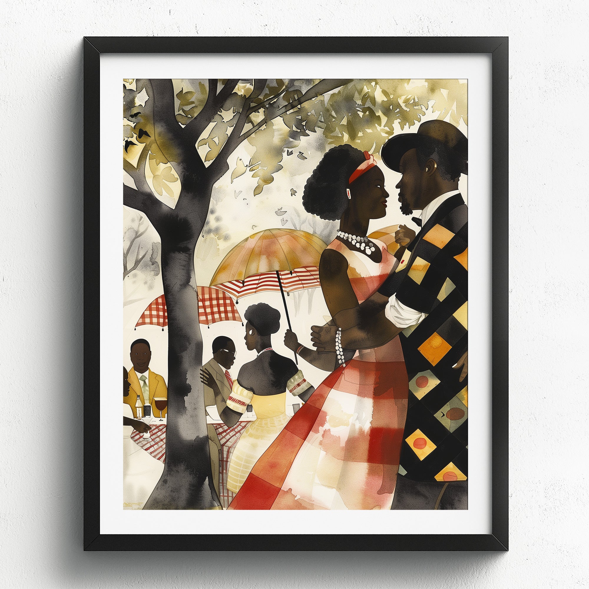 Bring warmth, romance, and cultural beauty into your space with this Afro Watercolor Art Print, featuring a loving Black couple enjoying a romantic moment in the park.