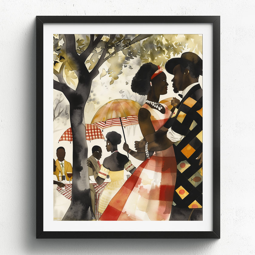 Bring warmth, romance, and cultural beauty into your space with this Afro Watercolor Art Print, featuring a loving Black couple enjoying a romantic moment in the park.