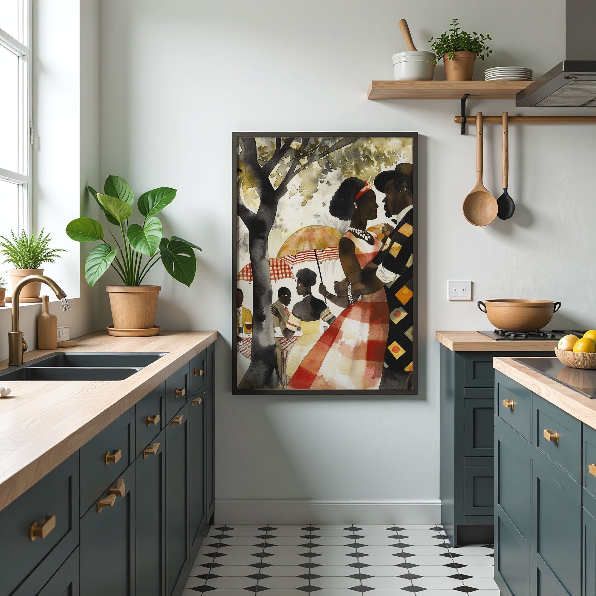 Bring warmth, romance, and cultural beauty into your space with this Afro Watercolor Art Print, featuring a loving Black couple enjoying a romantic moment in the park.