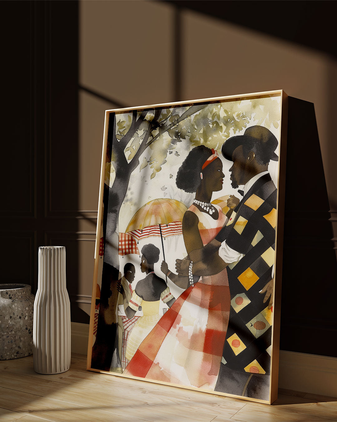 Bring warmth, romance, and cultural beauty into your space with this Afro Watercolor Art Print, featuring a loving Black couple enjoying a romantic moment in the park.