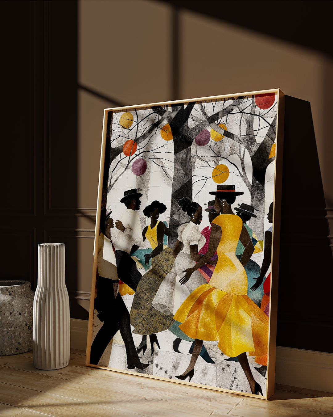 Juneteenth Party Celebration Art Print titled “Picnic in the Park,” featuring African American families and friends gathering outdoors with vibrant Afrocentric colors and patterns; joyful scene of music, food, and community celebrating freedom and heritage.