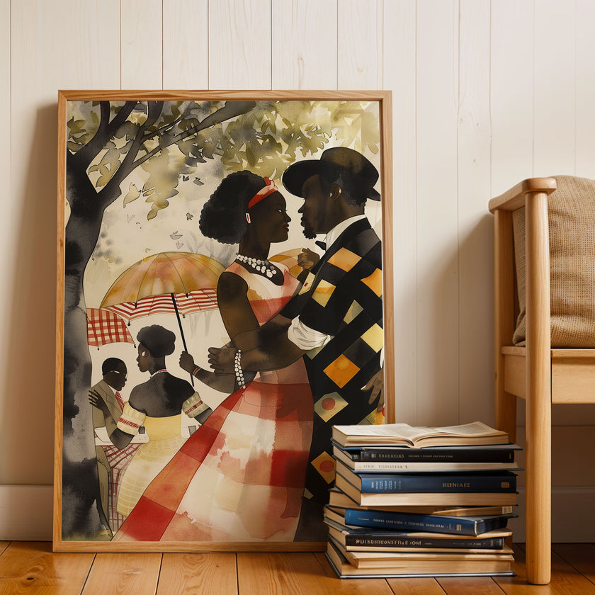 Bring warmth, romance, and cultural beauty into your space with this Afro Watercolor Art Print, featuring a loving Black couple enjoying a romantic moment in the park.