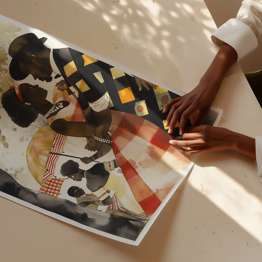 Bring warmth, romance, and cultural beauty into your space with this Afro Watercolor Art Print, featuring a loving Black couple enjoying a romantic moment in the park.