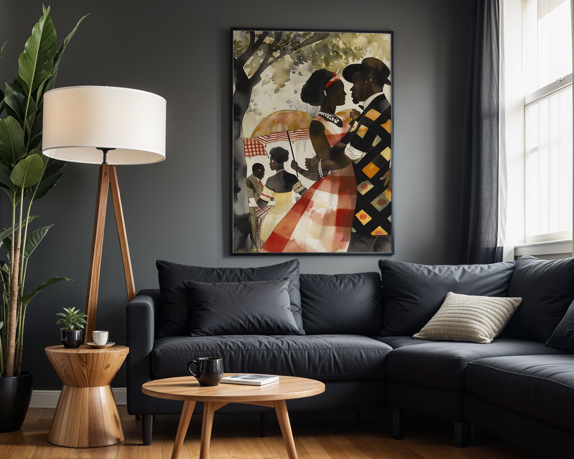 Bring warmth, romance, and cultural beauty into your space with this Afro Watercolor Art Print, featuring a loving Black couple enjoying a romantic moment in the park.