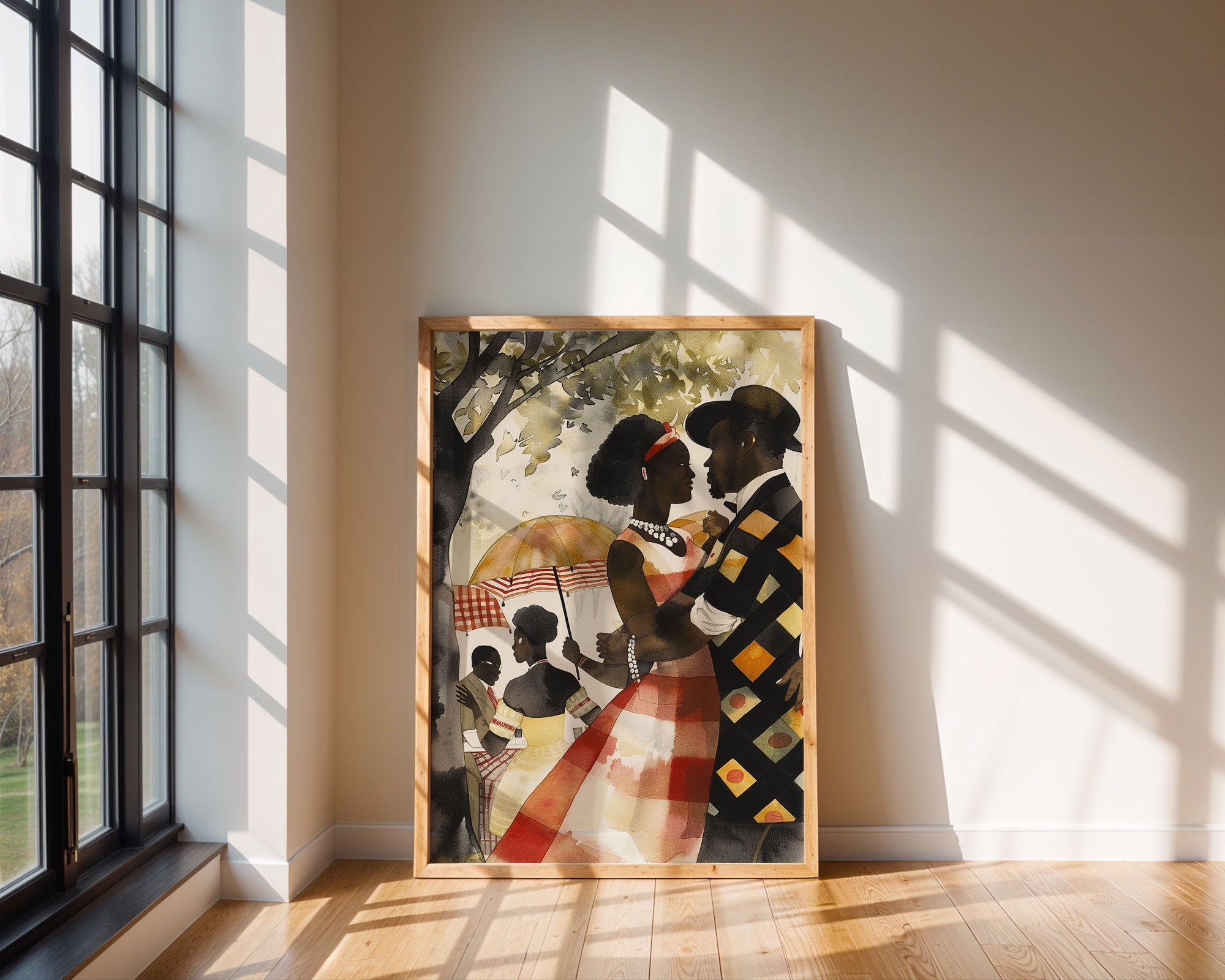 Bring warmth, romance, and cultural beauty into your space with this Afro Watercolor Art Print, featuring a loving Black couple enjoying a romantic moment in the park.