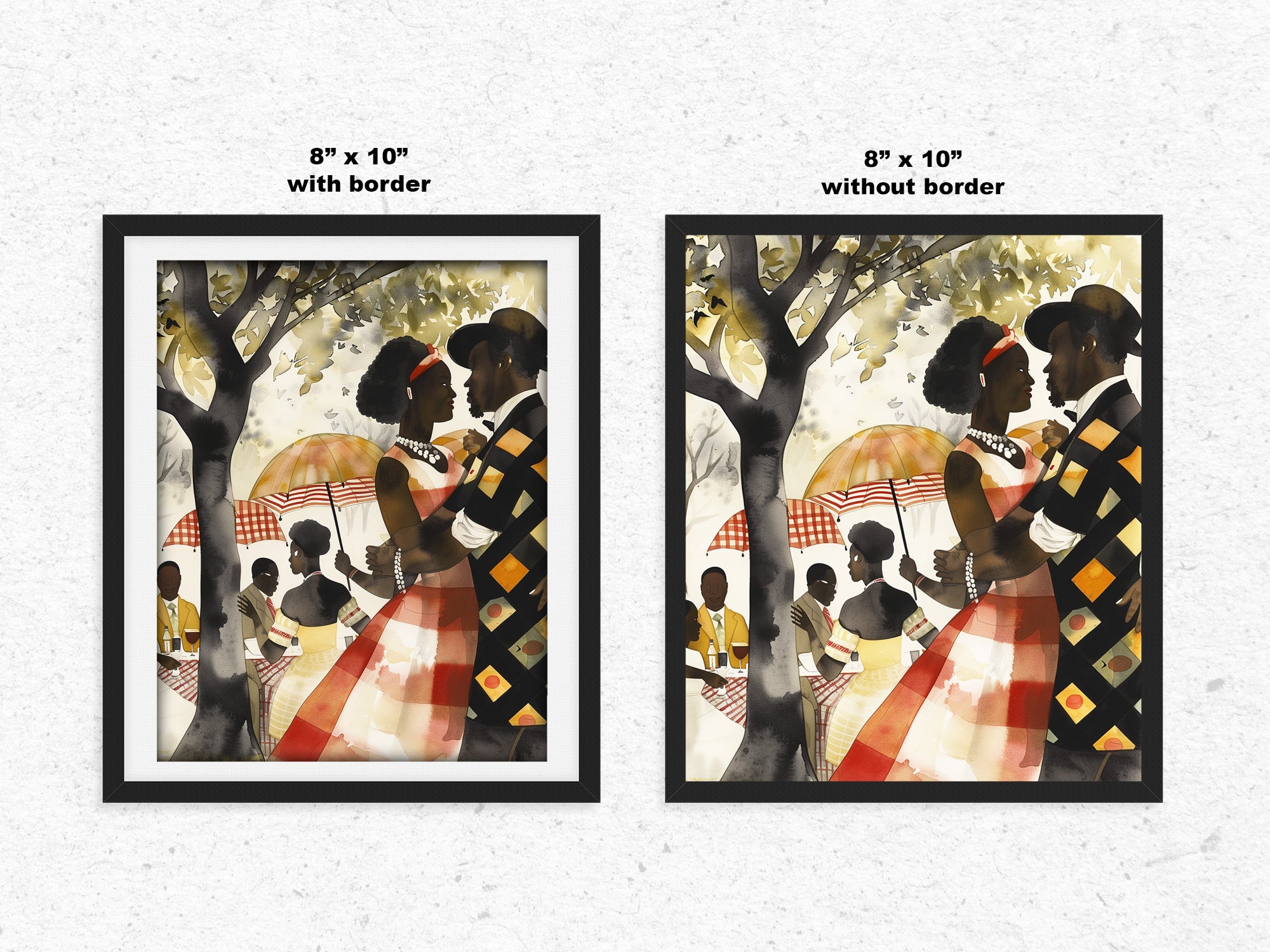 Bring warmth, romance, and cultural beauty into your space with this Afro Watercolor Art Print, featuring a loving Black couple enjoying a romantic moment in the park.