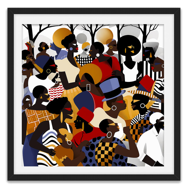 Juneteenth Art Print featuring an African American family reunion celebration in an Afrocentric outdoor setting. Vibrant digital artwork showcasing Black joy, unity, and heritage with bold colors representing freedom and cultural pride.