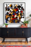 Juneteenth Art Print featuring an African American family reunion celebration in an Afrocentric outdoor setting. Vibrant digital artwork showcasing Black joy, unity, and heritage with bold colors representing freedom and cultural pride.