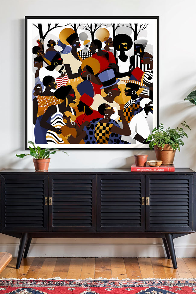 Juneteenth Art Print featuring an African American family reunion celebration in an Afrocentric outdoor setting. Vibrant digital artwork showcasing Black joy, unity, and heritage with bold colors representing freedom and cultural pride.