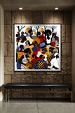 Juneteenth Art Print featuring an African American family reunion celebration in an Afrocentric outdoor setting. Vibrant digital artwork showcasing Black joy, unity, and heritage with bold colors representing freedom and cultural pride.