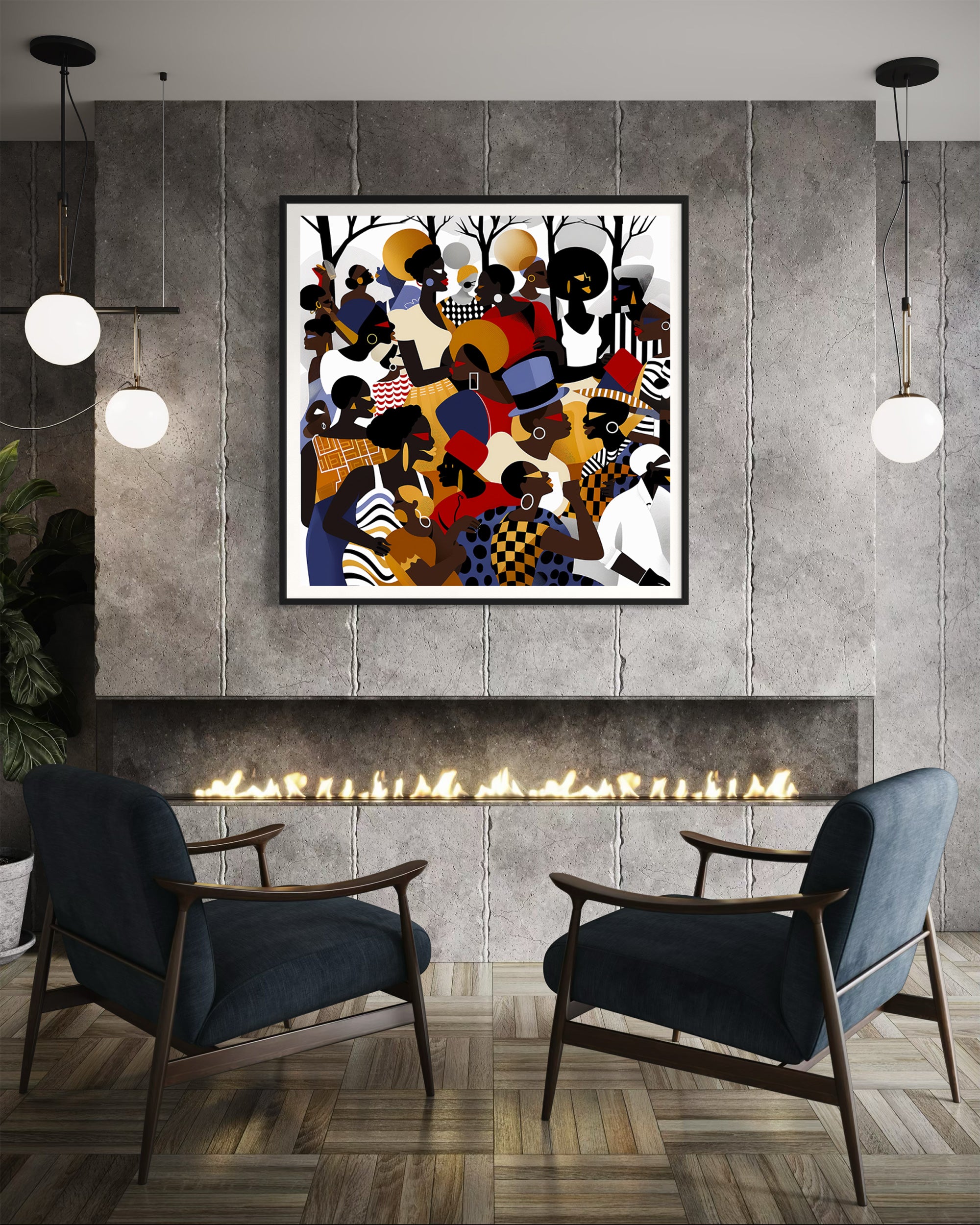 Juneteenth Art Print featuring an African American family reunion celebration in an Afrocentric outdoor setting. Vibrant digital artwork showcasing Black joy, unity, and heritage with bold colors representing freedom and cultural pride.