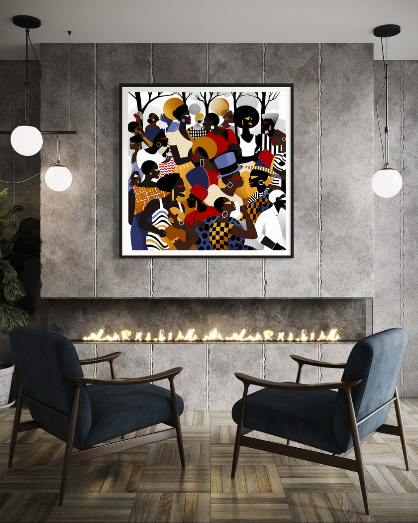 Juneteenth Art Print featuring an African American family reunion celebration in an Afrocentric outdoor setting. Vibrant digital artwork showcasing Black joy, unity, and heritage with bold colors representing freedom and cultural pride.