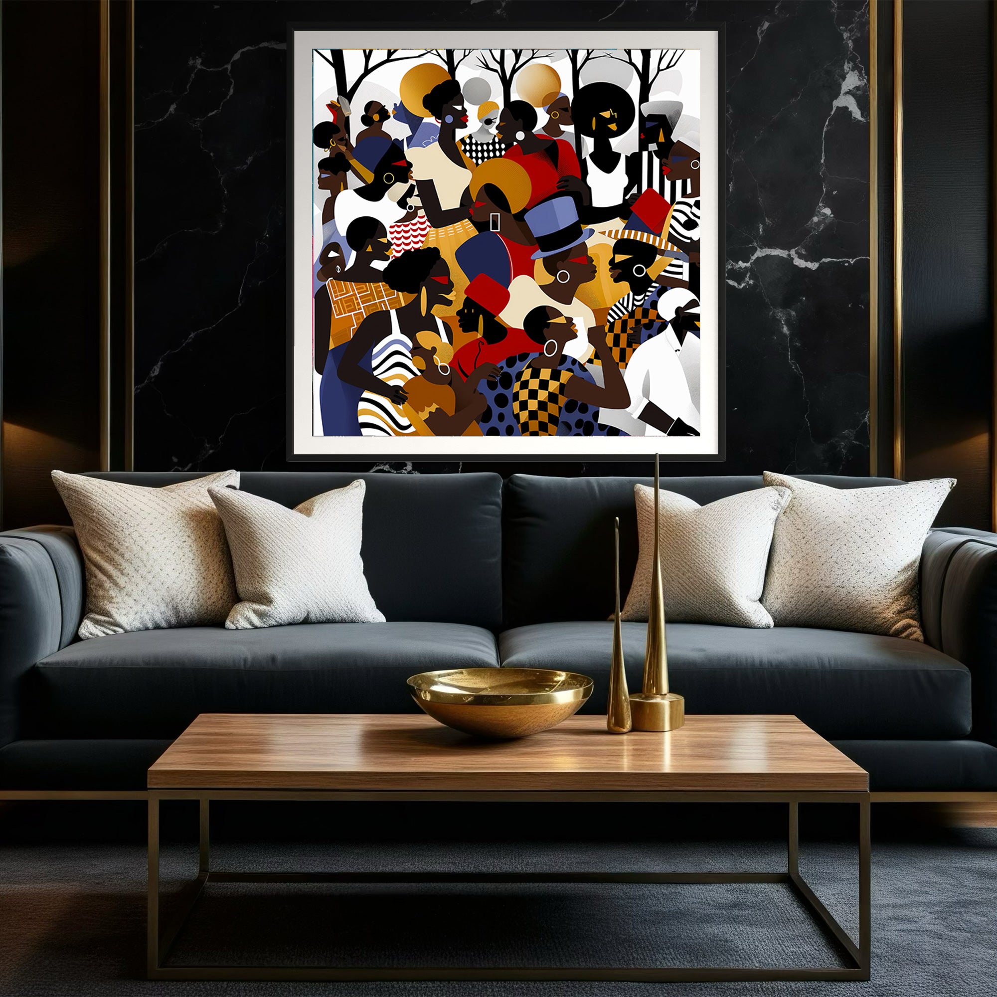 Juneteenth Art Print featuring an African American family reunion celebration in an Afrocentric outdoor setting. Vibrant digital artwork showcasing Black joy, unity, and heritage with bold colors representing freedom and cultural pride.