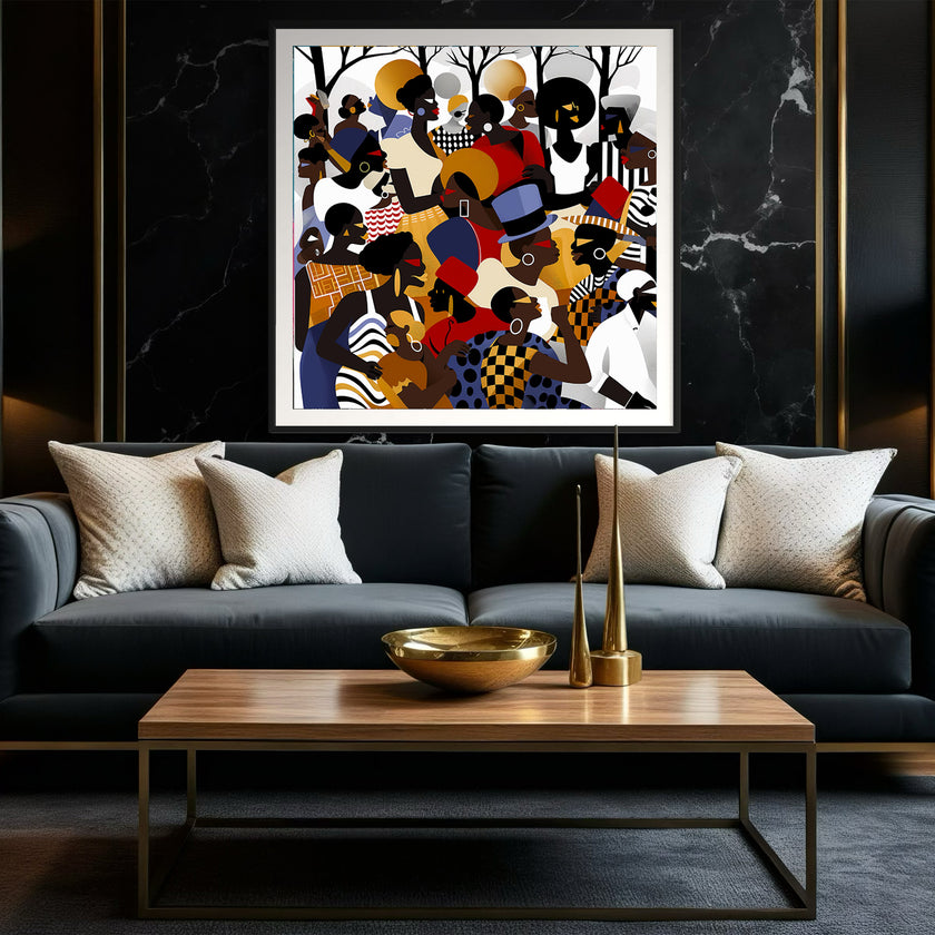 Juneteenth Art Print featuring an African American family reunion celebration in an Afrocentric outdoor setting. Vibrant digital artwork showcasing Black joy, unity, and heritage with bold colors representing freedom and cultural pride.