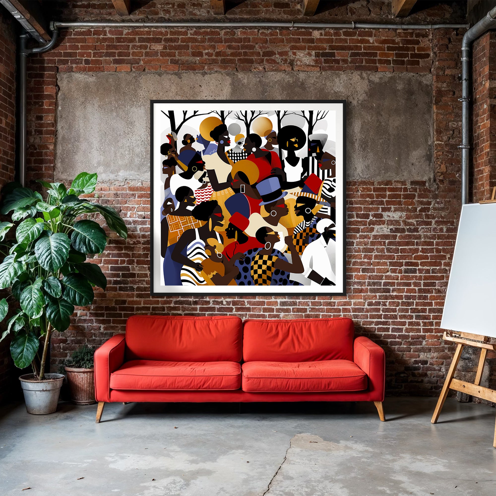 Juneteenth Art Print featuring an African American family reunion celebration in an Afrocentric outdoor setting. Vibrant digital artwork showcasing Black joy, unity, and heritage with bold colors representing freedom and cultural pride.