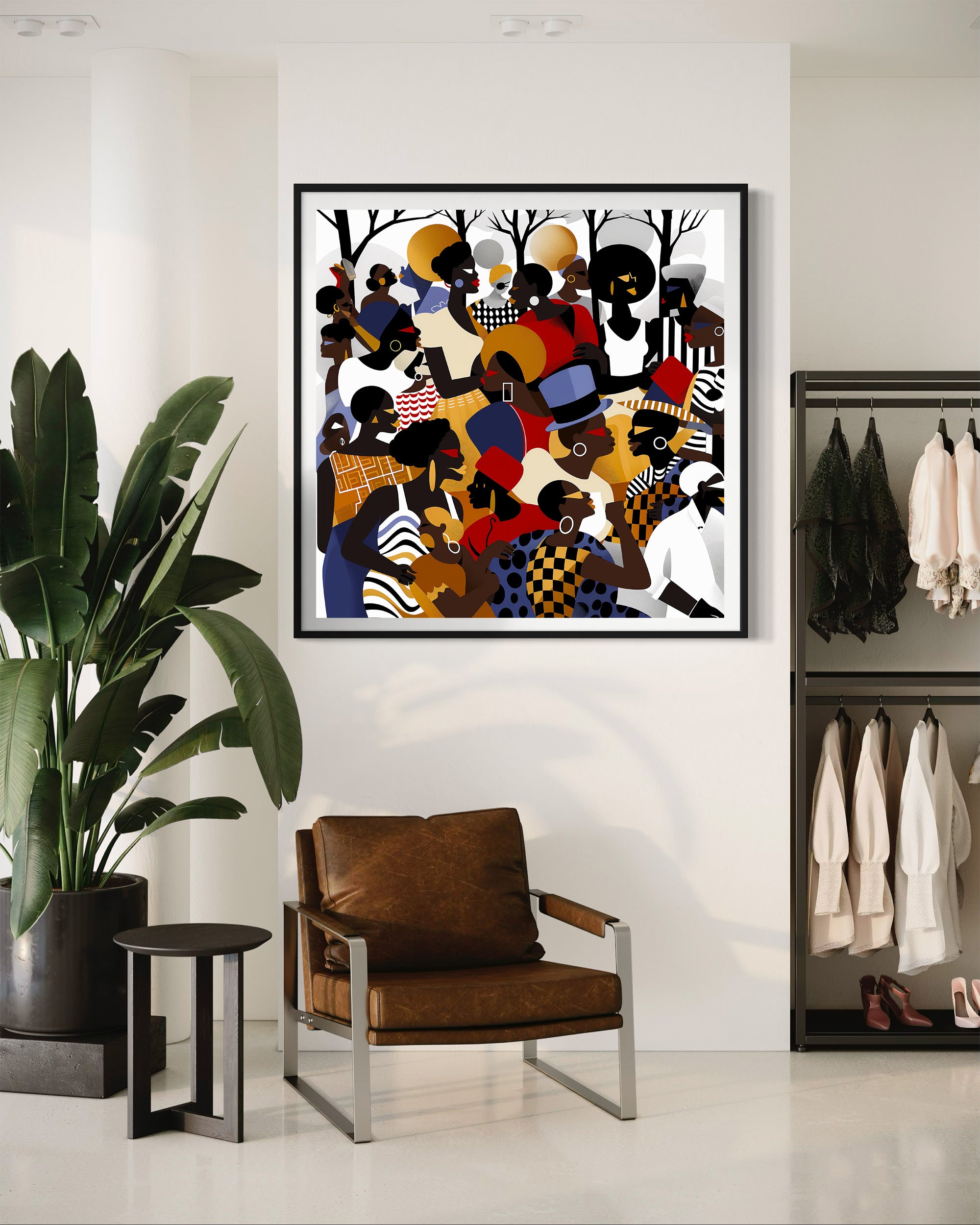 Juneteenth Art Print featuring an African American family reunion celebration in an Afrocentric outdoor setting. Vibrant digital artwork showcasing Black joy, unity, and heritage with bold colors representing freedom and cultural pride.