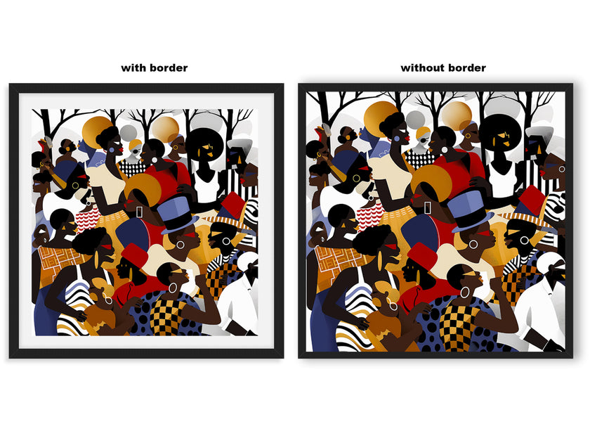 Juneteenth Art Print featuring an African American family reunion celebration in an Afrocentric outdoor setting. Vibrant digital artwork showcasing Black joy, unity, and heritage with bold colors representing freedom and cultural pride.