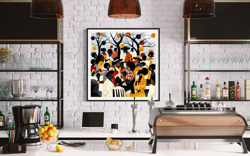 Juneteenth Art Print featuring an African American family reunion celebration in an Afrocentric outdoor setting. Vibrant digital artwork showcasing Black joy, unity, and heritage with bold colors representing freedom and cultural pride.