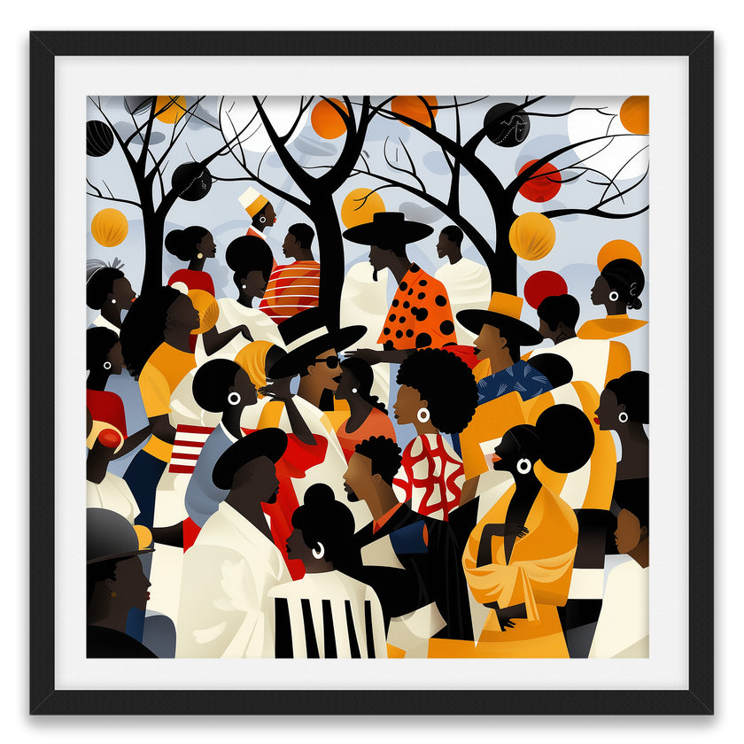 Juneteenth Art Print featuring an African American family reunion celebration in an Afrocentric outdoor setting. Vibrant digital artwork showcasing Black joy, unity, and heritage with bold colors representing freedom and cultural pride.