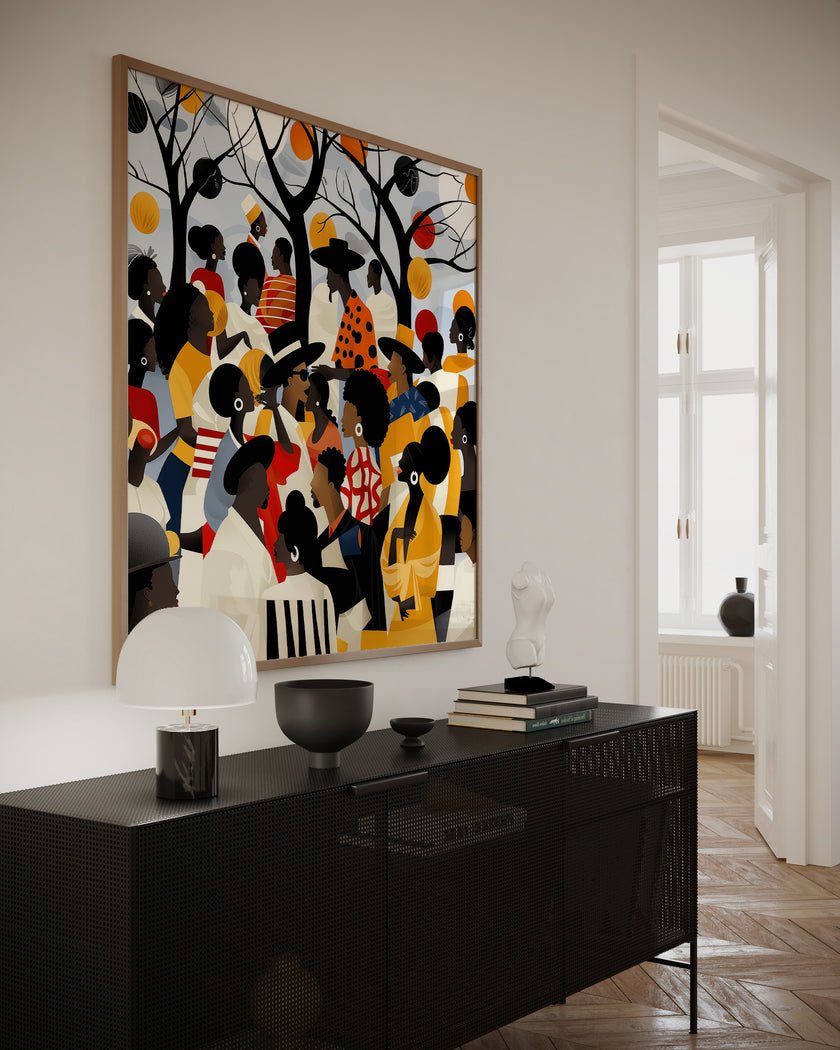 Juneteenth Art Print featuring an African American family reunion celebration in an Afrocentric outdoor setting. Vibrant digital artwork showcasing Black joy, unity, and heritage with bold colors representing freedom and cultural pride.