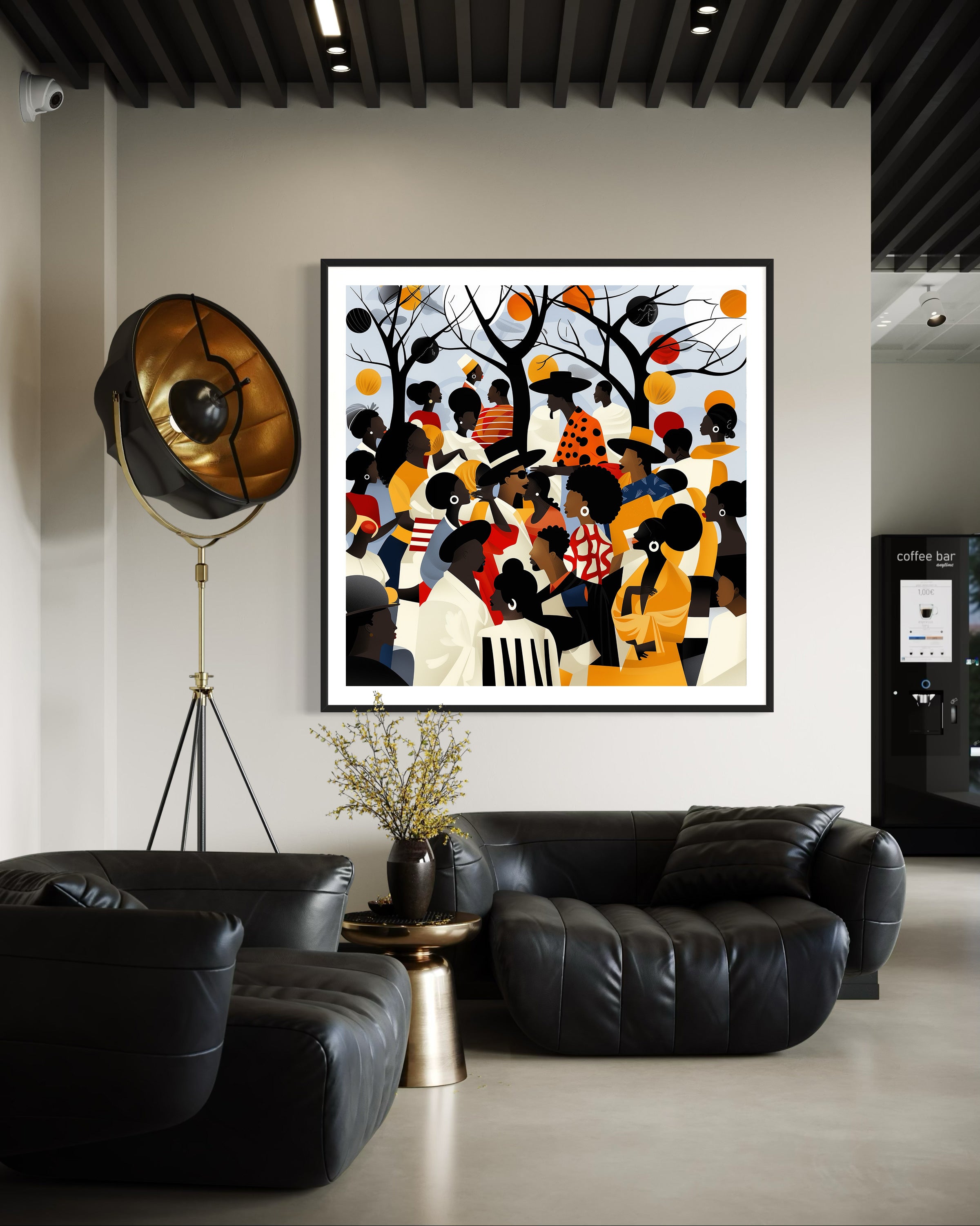 Juneteenth Art Print featuring an African American family reunion celebration in an Afrocentric outdoor setting. Vibrant digital artwork showcasing Black joy, unity, and heritage with bold colors representing freedom and cultural pride.