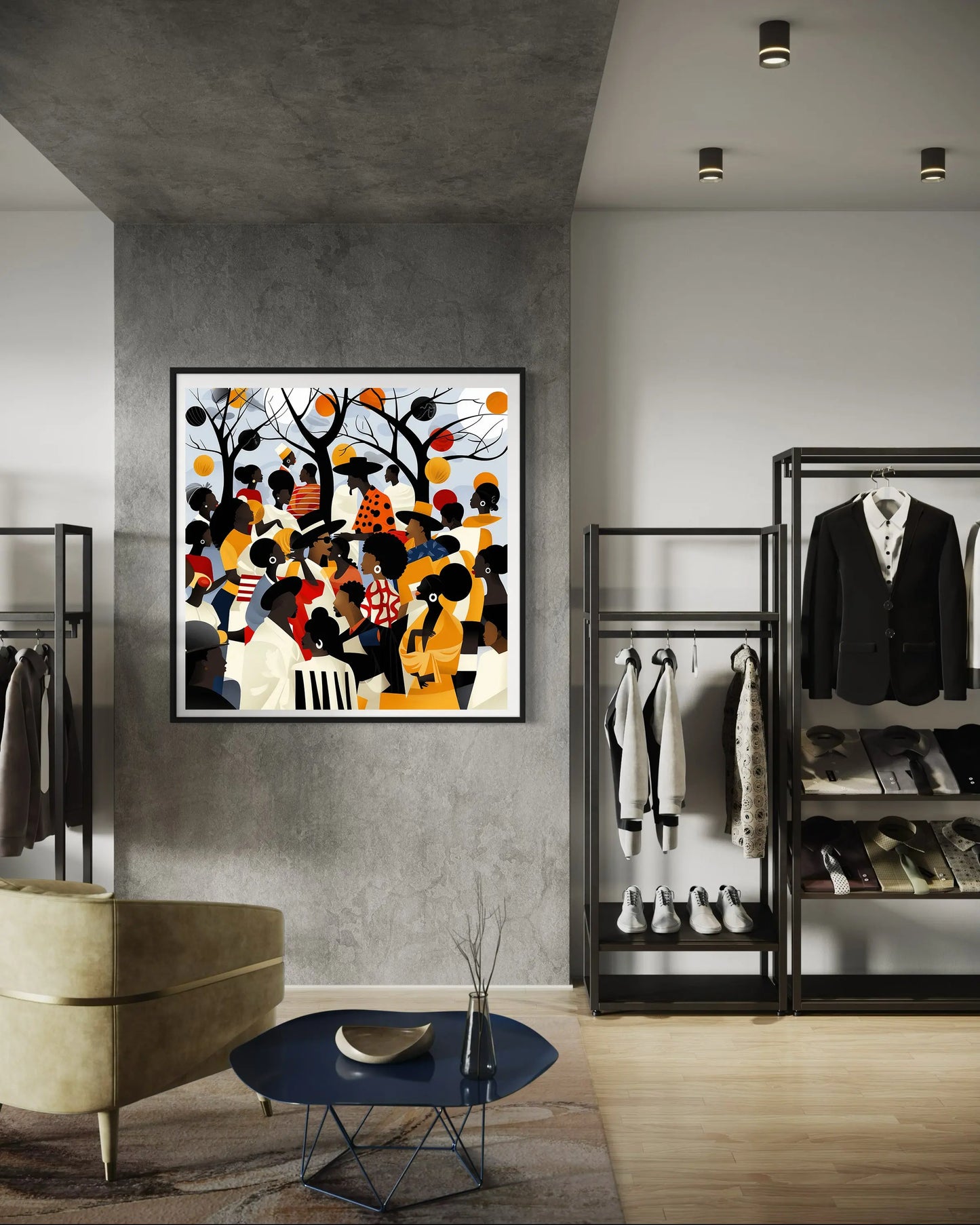 Juneteenth Art Print featuring an African American family reunion celebration in an Afrocentric outdoor setting. Vibrant digital artwork showcasing Black joy, unity, and heritage with bold colors representing freedom and cultural pride.