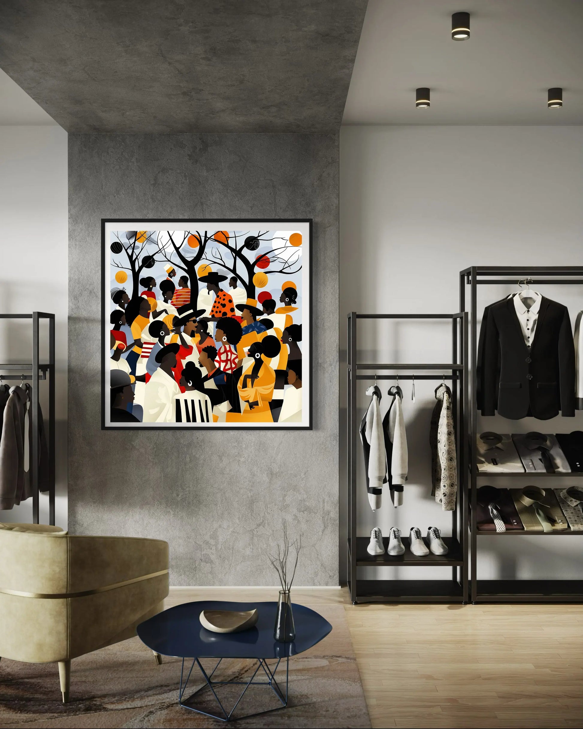 Juneteenth Art Print featuring an African American family reunion celebration in an Afrocentric outdoor setting. Vibrant digital artwork showcasing Black joy, unity, and heritage with bold colors representing freedom and cultural pride.