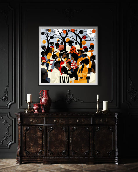 Juneteenth Art Print featuring an African American family reunion celebration in an Afrocentric outdoor setting. Vibrant digital artwork showcasing Black joy, unity, and heritage with bold colors representing freedom and cultural pride.