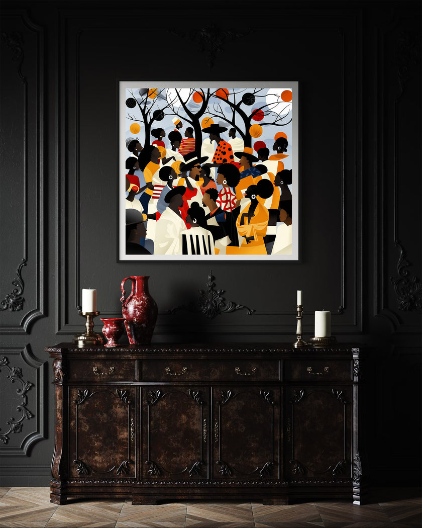 Juneteenth Art Print featuring an African American family reunion celebration in an Afrocentric outdoor setting. Vibrant digital artwork showcasing Black joy, unity, and heritage with bold colors representing freedom and cultural pride.