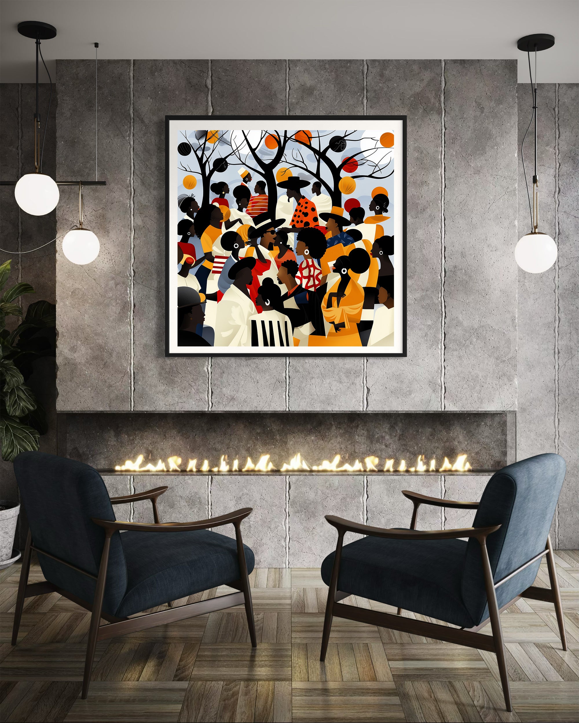 Juneteenth Art Print featuring an African American family reunion celebration in an Afrocentric outdoor setting. Vibrant digital artwork showcasing Black joy, unity, and heritage with bold colors representing freedom and cultural pride.
